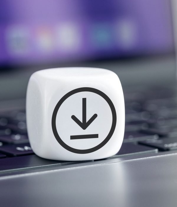 Download Data Storage Concept. Download icon on cube block on laptop